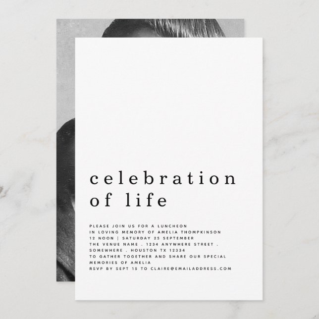 Minimalist Celebration of Life Luncheon Photo Invitation (Front/Back)