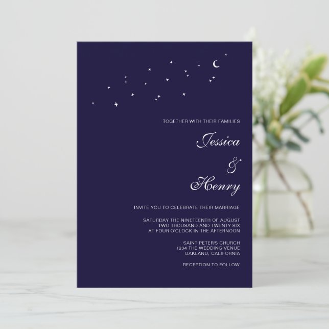 Minimalist Celestial Midnight Blue Wedding  Invitation (Standing Front)