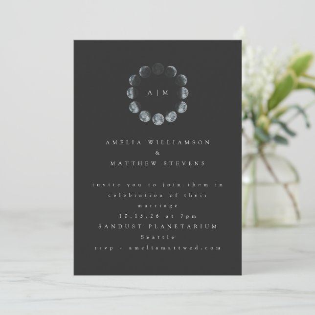 Minimalist Celestial Moon Black Monogram Wedding Invitation (Standing Front)