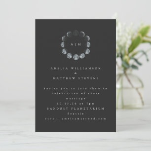 Minimalist Celestial Moon Black Monogram Wedding Invitation