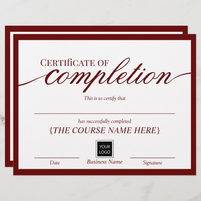 Minimalist Certificate of Completion Red Award (Front/Back)