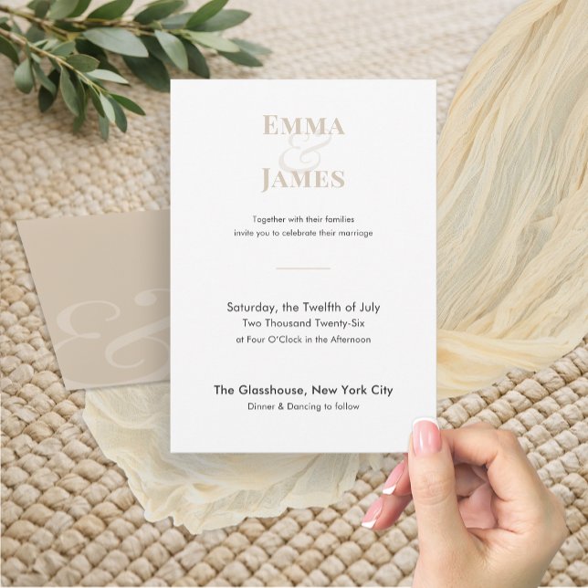 Minimalist Champagne Wedding Invitation | QR Code (Soft champagne wedding invitation with modern typography and a clean, elegant layout.)