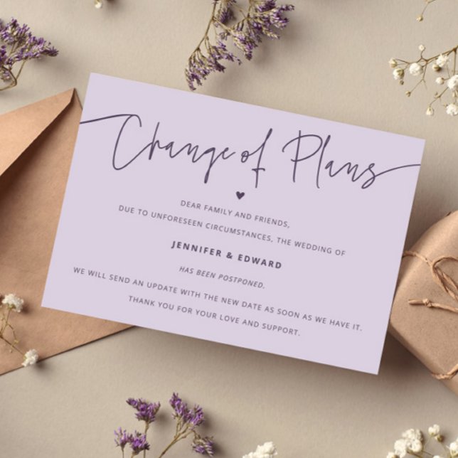 Minimalist Change Plans Wedding Update Purple Invitation (Creator Uploaded)