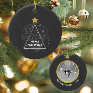 Minimalist Charcoal Gold Star Christmas Photo Ceramic Tree Decoration