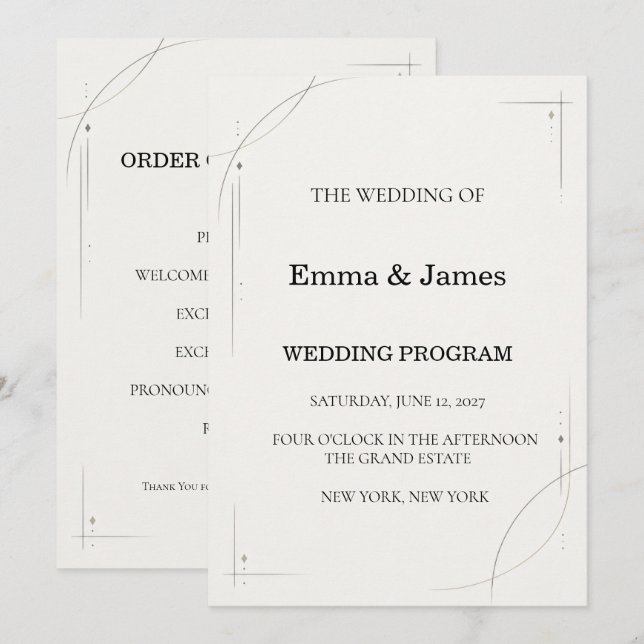 Minimalist Charcoal Line Wedding Ceremony Program Programme (Front/Back)