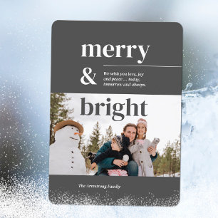Minimalist Charcoal Typography Merry Bright Photo Holiday Card