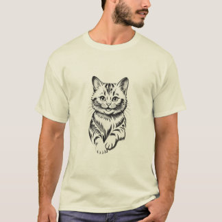 Minimalist Cheerful Cat Simple Line Art T-Shirt