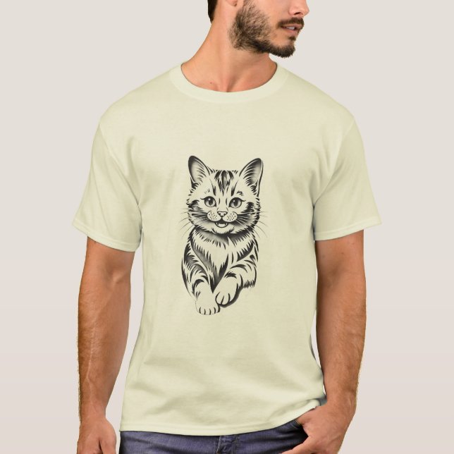 Minimalist Cheerful Cat Simple Line Art T-Shirt (Front)