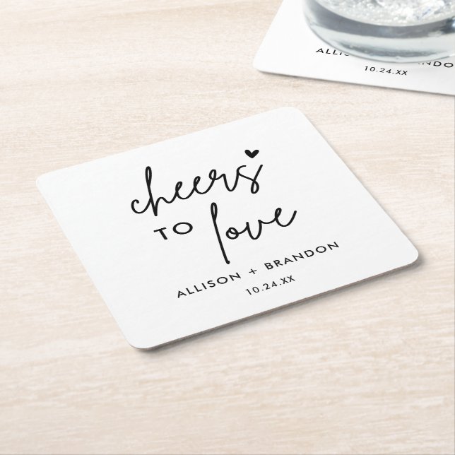 Minimalist Cheers To Love Personalised Wedding  Square Paper Coaster (Angled)