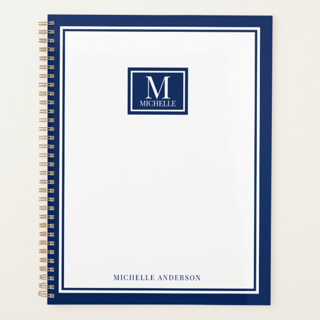 Minimalist Chic 2 Boarder Monogram Name Navy Blue Planner (Front)