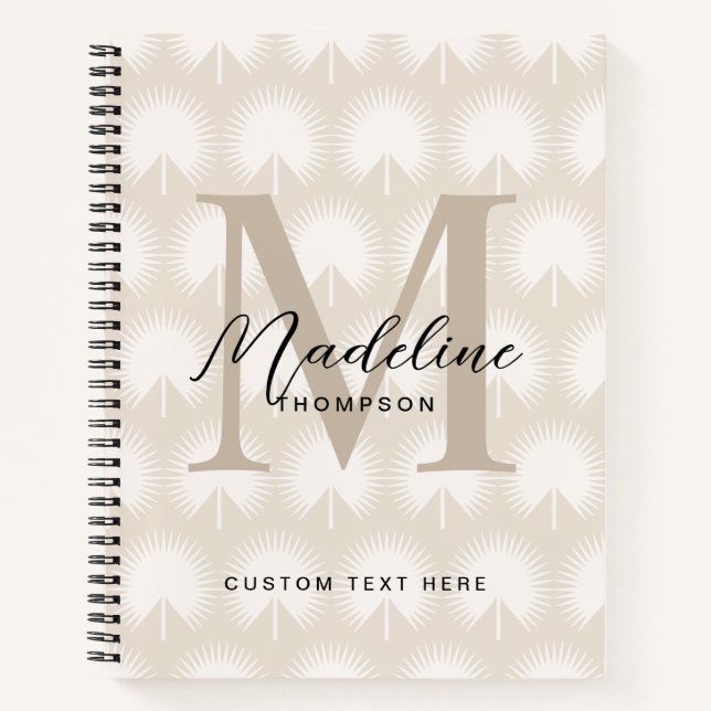 Minimalist Chic Beige Anahaw Leaf Script Monogram Notebook (Front)