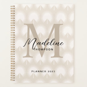 Minimalist Chic Beige Anahaw Leaf Script Monogram Planner