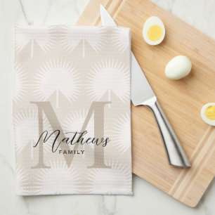 Minimalist Chic Beige Anahaw Leaf Script Monogram Tea Towel