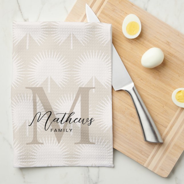 Minimalist Chic Beige Anahaw Leaf Script Monogram Tea Towel (Quarter Fold)