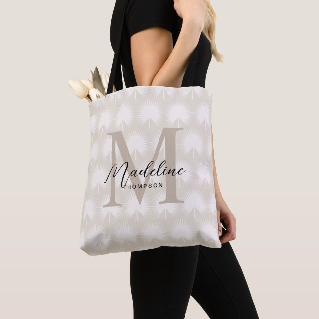 Minimalist Chic Beige Anahaw Leaf Script Monogram Tote Bag (Close Up)