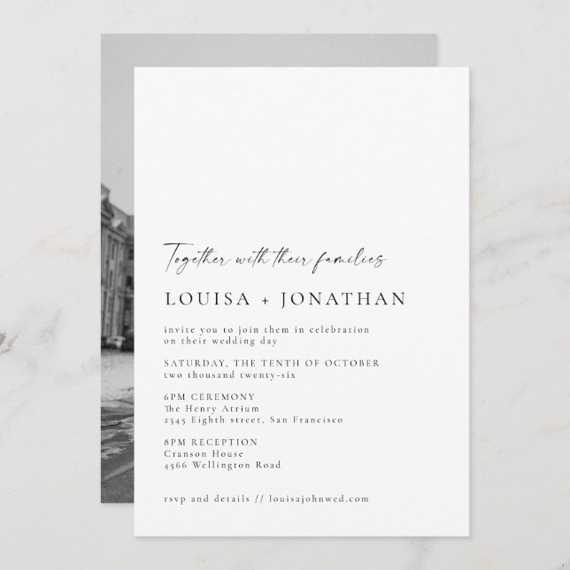 Minimalist Chic Black White Script Photo Wedding Invitation (Front/Back)
