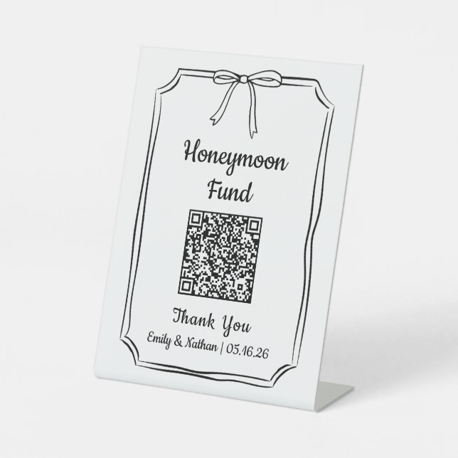 Minimalist Chic Bow Honeymoon Fund QR Code Card Pedestal Sign (Front)