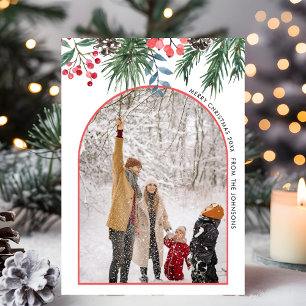 Minimalist Chic Holly Berries Arch Photo Christmas Holiday Card