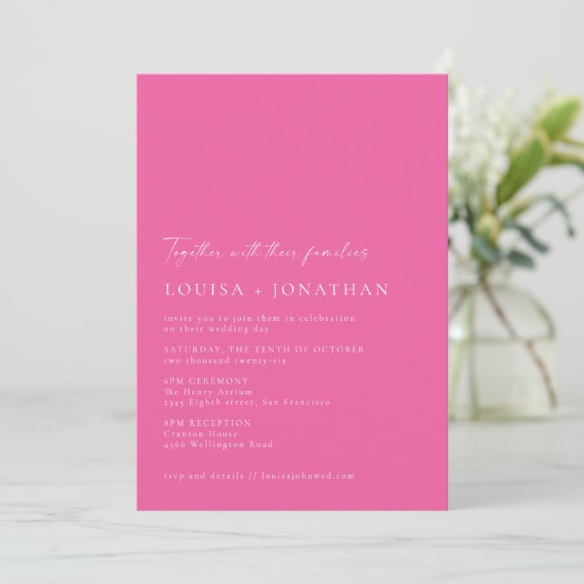 Minimalist Chic Hot Pink Script Photo Wedding Invitation (Standing Front)