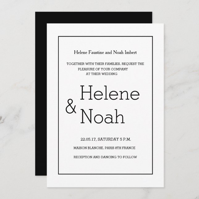 Minimalist chic modern black white simple wedding invitation (Front/Back)