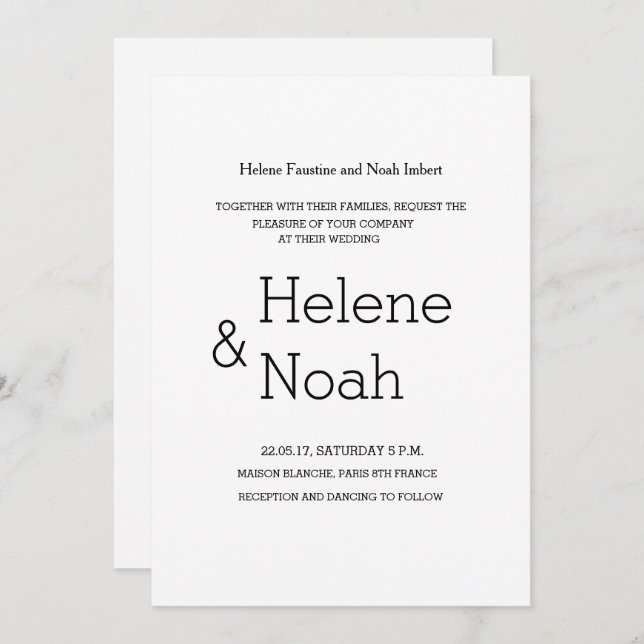 Minimalist chic modern black white simple wedding invitation (Front/Back)