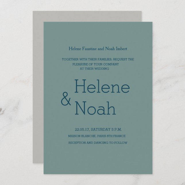 Minimalist chic modern blue grey green wedding invitation (Front/Back)