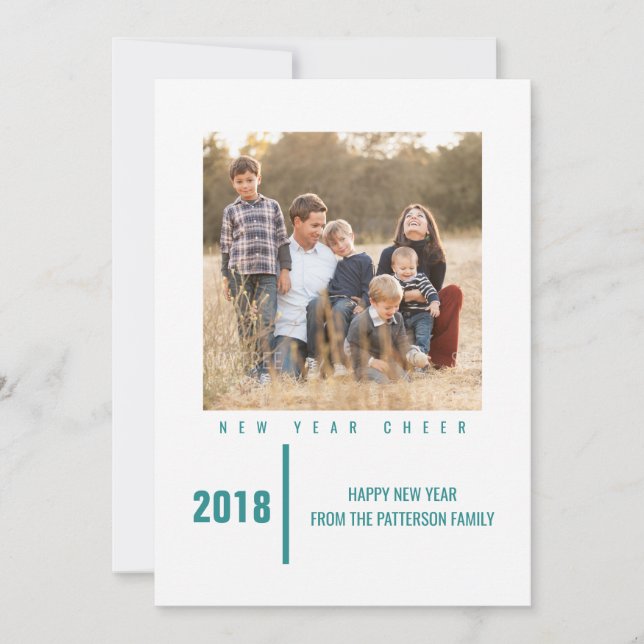 Minimalist Chic New Year's Photo Card | Teal (Front)
