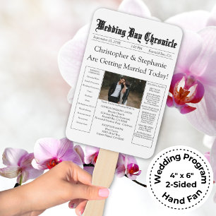 Minimalist Chic Newspaper Wedding Program QR Code Hand Fan