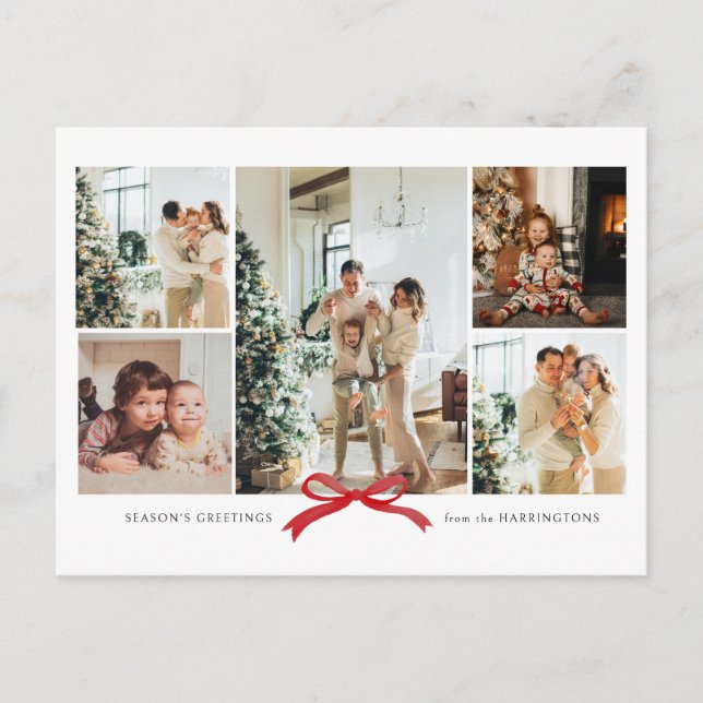 Minimalist Chic Red Bow Photo Collage Holiday Card (Front)