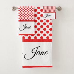 Minimalist Chic Red & White Polka Dots Custom Name Bath Towel Set