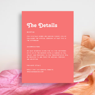 Minimalist Chic Retro Coral Pink Wedding Details Enclosure Card