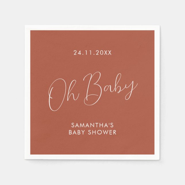 Minimalist Chic Script terracotta Oh Baby Shower Napkin (Front)