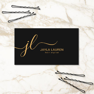 Minimalist Chic Stylish Script Monogram Black Gold Business Card