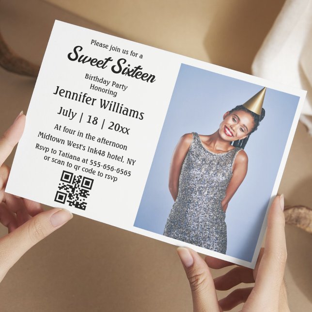 minimalist chic sweet sixteen qr code photo invitation (Creator Uploaded)