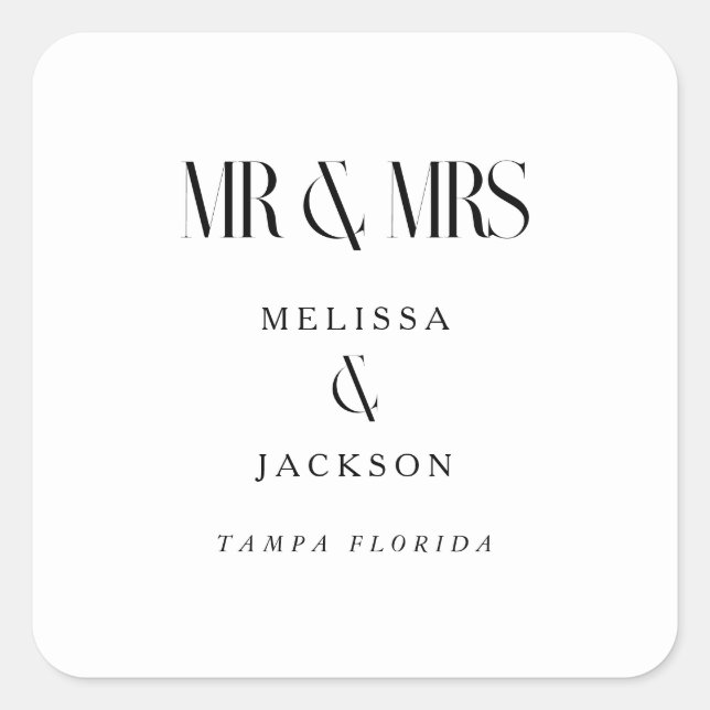 Minimalist Chic Wedding Design White Mr and Mrs Square Sticker (Front)