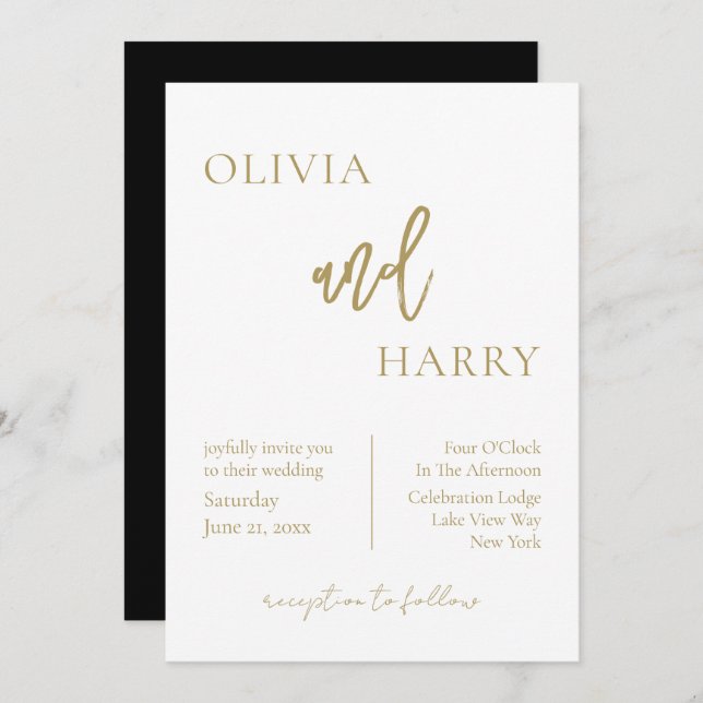 Minimalist Chic Wedding Invitation Gold Black (Front/Back)