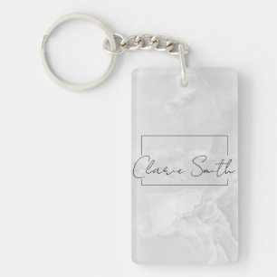 minimalist chic white marble with custom name key ring