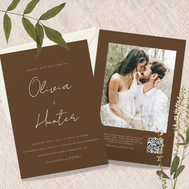 Minimalist Chocolate QR Code Photo Wedding Invitation (Creator Uploaded)