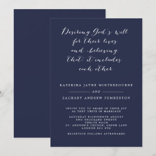 Minimalist Christian Navy and White Script Wedding Invitation