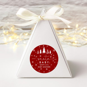 Minimalist Christmas Baby Shower Red Classic Round Sticker