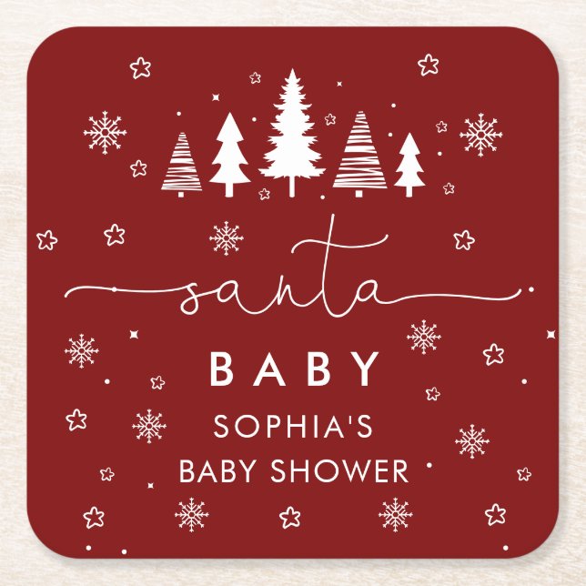 Minimalist Christmas Baby Shower Red Square Paper Coaster (Front)