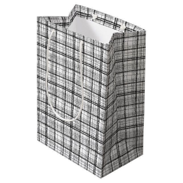 Minimalist Christmas Black & White Drawing Plaid Medium Gift Bag (Back Angled)