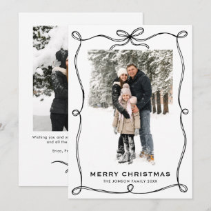 Minimalist Christmas Boho Black Bow Ribbon 2 Photo Holiday Card