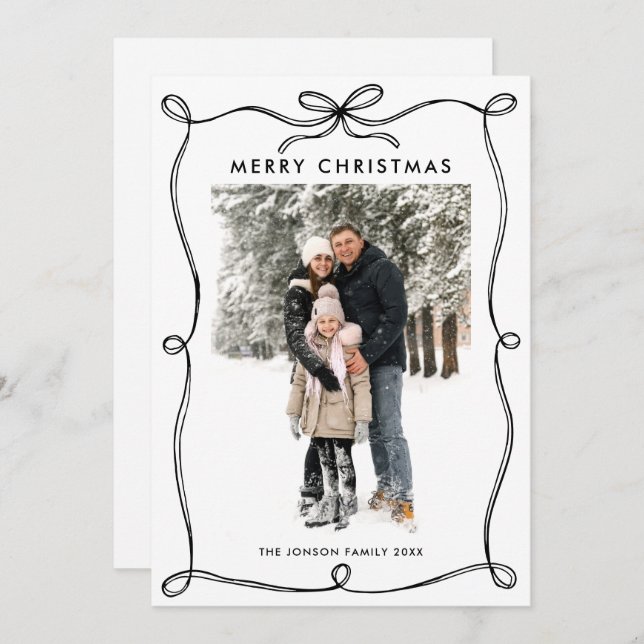 Minimalist Christmas Boho Black Bow Ribbon 2 Photo Holiday Card (Front/Back)