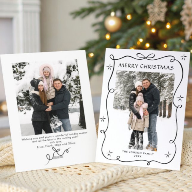 Minimalist Christmas Boho Black Bow Ribbon 2 Photo Holiday Card (Creator Uploaded)