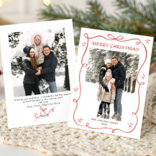 Minimalist Christmas Boho Red Bow Ribbon 2 Photo Holiday Card
