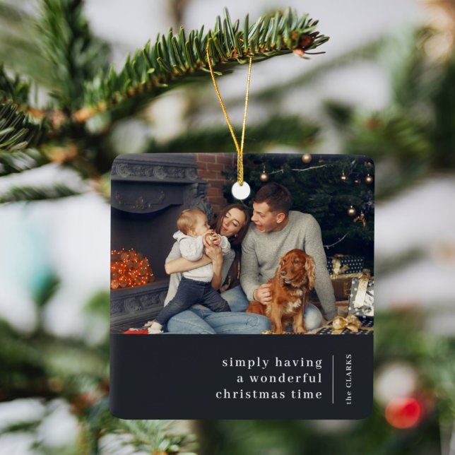 Minimalist Christmas | Charcoal Gray Family Photo Ceramic Ornament (Creator Uploaded)