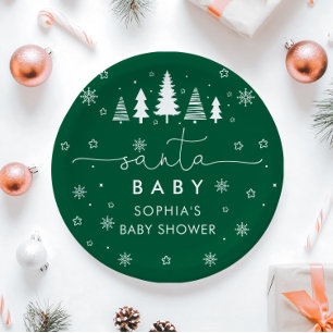 Minimalist Christmas Green Santa Baby Shower Paper Plate