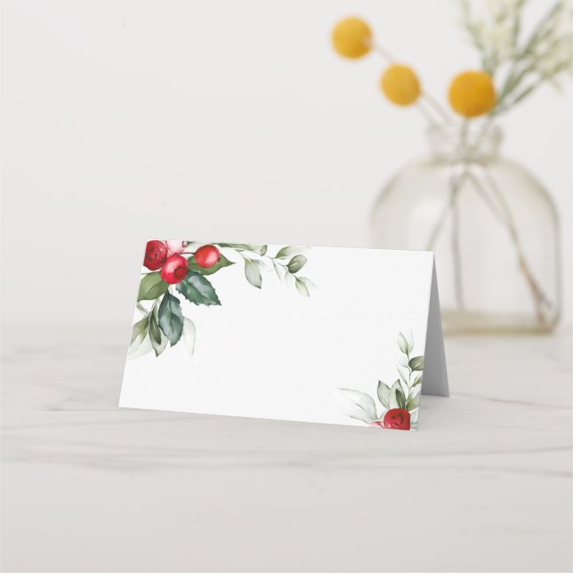 Minimalist Christmas Greenery & Red Berries Weddin Place Card (Front)