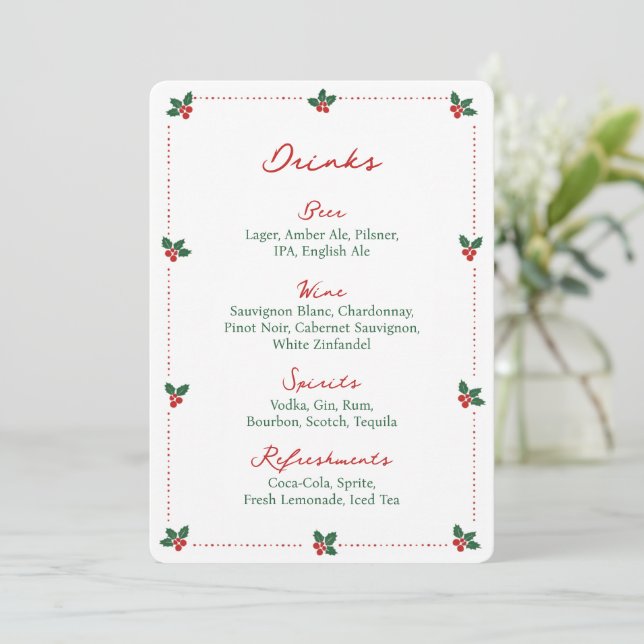 Minimalist Christmas Holly Drink Bar Menu Sign  (Standing Front)